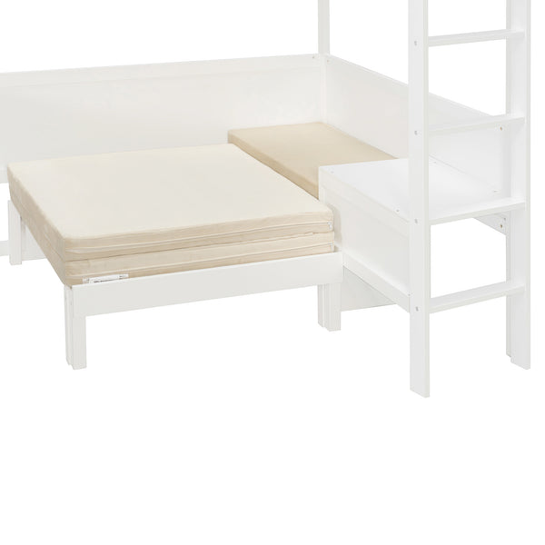 English Elm Full Size Loft Bed with Rotating Desk Led Lighting Sofa and Bookshelf Storage White LT000200AAK