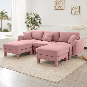 English Elm Boucle U-Shaped 3-Seater Sectional Sofa With Shell Armrests & Movable Ottomans In Chic Pink Color W3041S00294