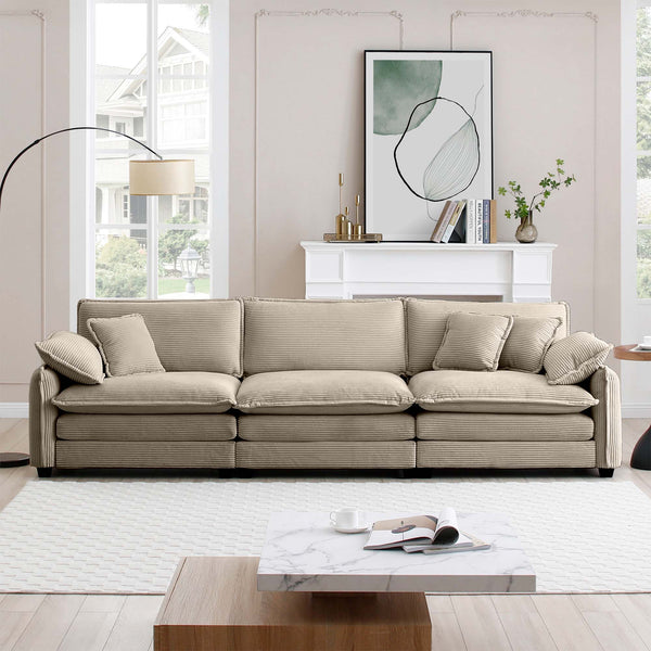 English Elm Mid-Century Modern 3-Seater Sectional Sofa In Luxurious Tan Corduroy With Pillows For Ultimate Comfort W714S00715