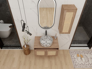 English Elm 30" Floating Bathroom Vanity Set with Ceramic Vessel Sink and Rattan Side Cabinet W999S00497
