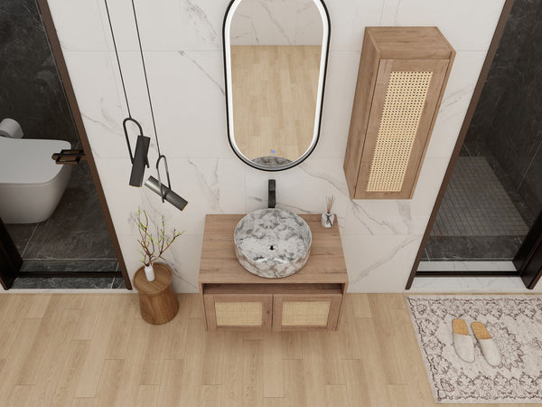 English Elm 30" Floating Bathroom Vanity Set with Ceramic Vessel Sink and Rattan Side Cabinet W999S00497