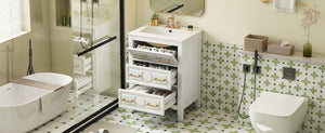 English Elm 24'' Bathroom Vanity with Ceramic Sink and 3 Drawers Retro Solid Wood Frame Freestanding Storage White N710P371184K