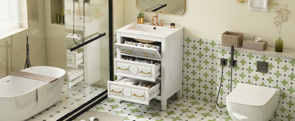 English Elm 24'' Bathroom Vanity with Ceramic Sink and 3 Drawers Retro Solid Wood Frame Freestanding Storage White N710P371184K