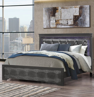 English Elm SHAKER Crystal Tufted King Bed with LED Lighting and Padded Panel Headboard in Modern Finish Grey 84.25 L x 35.43 W x 7.68 H B201S00324