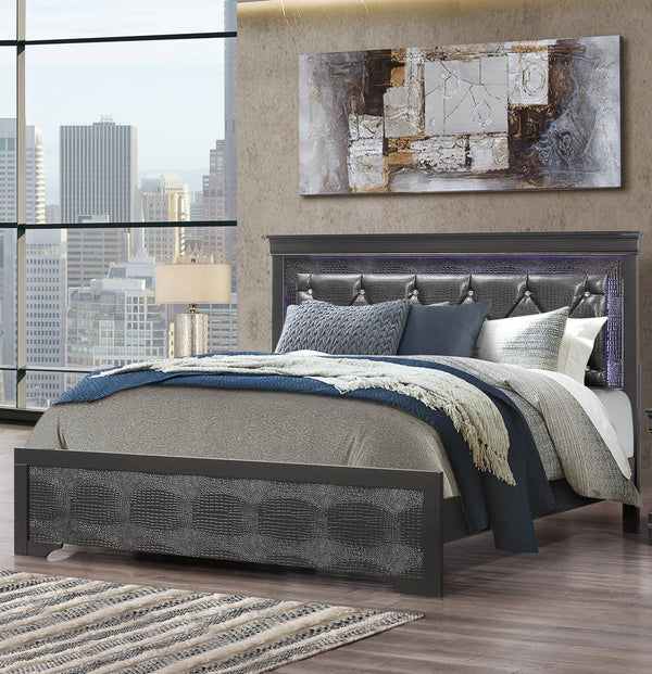 English Elm SHAKER Crystal Tufted King Bed with LED Lighting and Padded Panel Headboard in Modern Finish Grey 84.25 L x 35.43 W x 7.68 H B201S00324