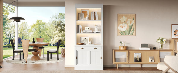 English Elm 83.4"tall Bookcase with Led Shelves Sliding Doors Open Storage Modern White N751S379858K