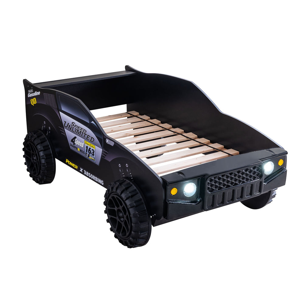 English Elm Modern Jeep Twin Bed with Led Headlights Gloss Black Mdf Frame for Kids Rooms B2741S00915