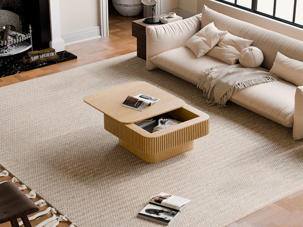 English Elm 31.5'' Square Wood Veneer Flip Top Storage Coffee Table with Slat Detail for Living Rooms Natural Wood W1435P375245
