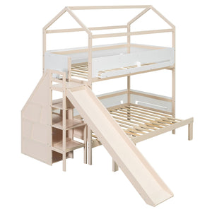English Elm House-shaped Pine Bunk Bed with Built-in Slide Storage Staircase Twin Over Full Kids Frame Beige+White N820S00082A