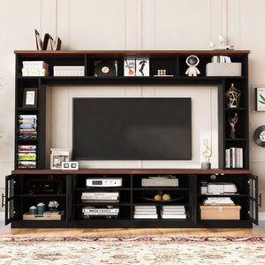 English Elm 95.5" Modern Farmhouse Wall Unit Mdf Bookshelf with Tempered Glass Cabinet Doors Black SJ000161AAB
