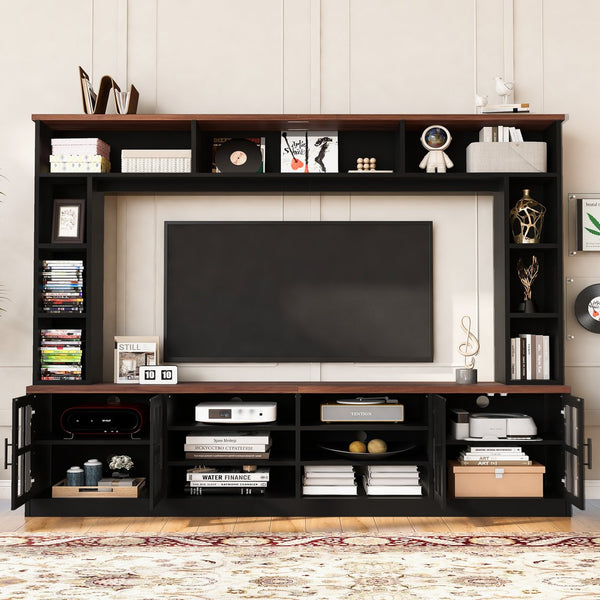 English Elm 95.5" Wide Modern Farmhouse Wall Unit with Tempered Glass Cabinets and Bookshelf Storage Black SJ000157AAB