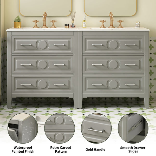 English Elm 60'' Freestanding Bathroom Vanity Set With Ceramic Sink, Gray Wood Frame & 3 Soft-Close Drawers N710SS00003E