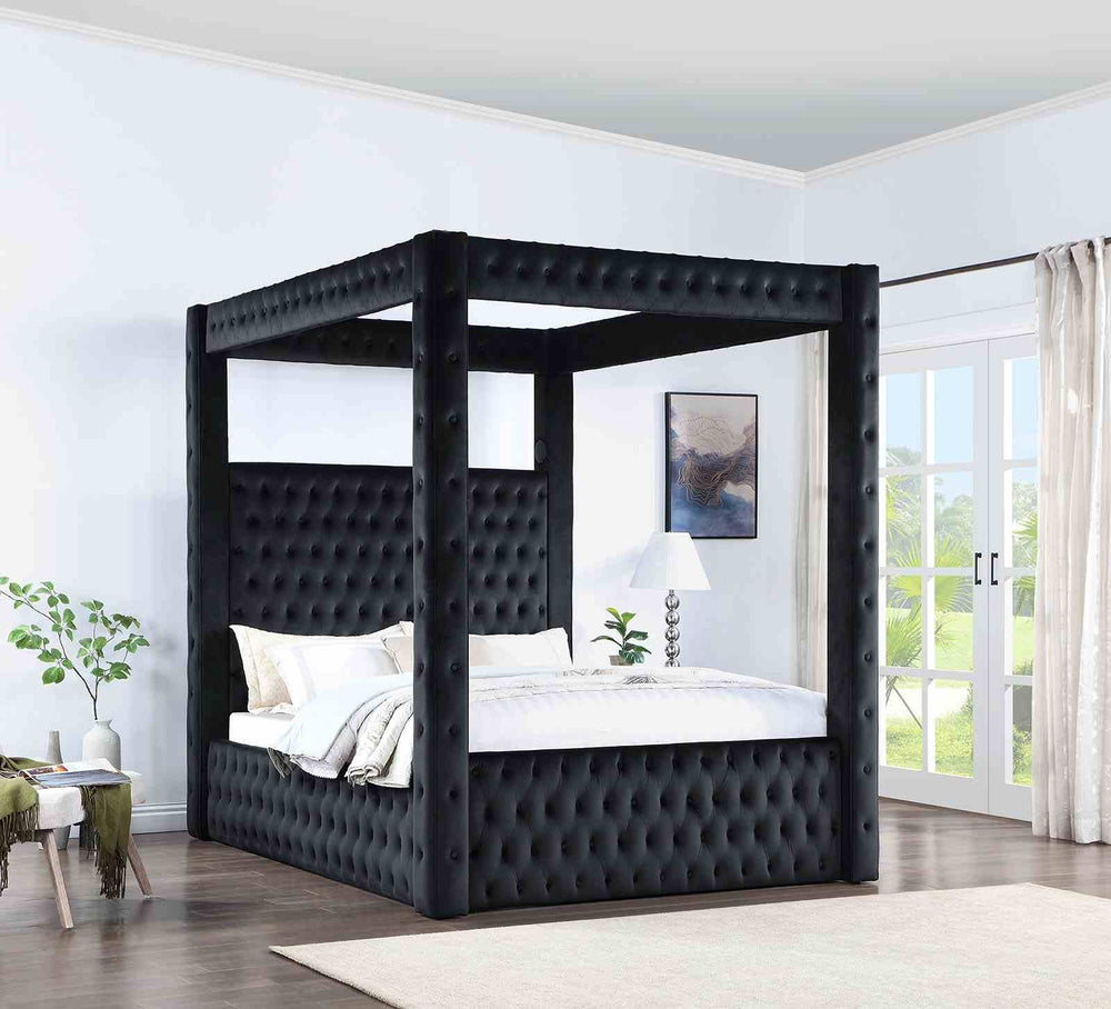 English Elm 1pc Queen Poster Bed Tufted Flannelette Frame with Bluetooth Speakers and Usb Ports B2741S00934