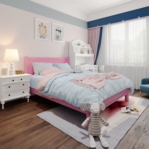 English Elm Queen Platform Bed Frame - Solid Rubberwood Construction, 10 Slats Support, No Box Spring Needed, Stylish Headboard and Under-Bed Storage Space Pink 63.39 L x 18.7 W x 4.53 H W1716S00024