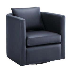 English Elm Sutton Midnight Blue Faux Leather Swivel Barrel Chair — Ultra-Soft Performance, Stain-Resistant, 360° Comfort B050P322588