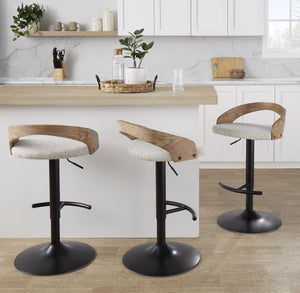 English Elm Adjustable Swivel Barstools Set of 3 Chrome Base Natural Wood Green Fabric Seat B202S02017