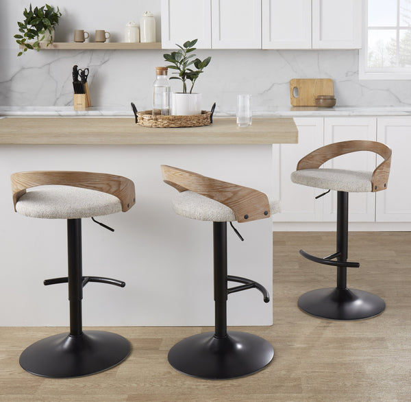 English Elm Adjustable Swivel Barstools Set of 3 Chrome Base Natural Wood Green Fabric Seat B202S02017