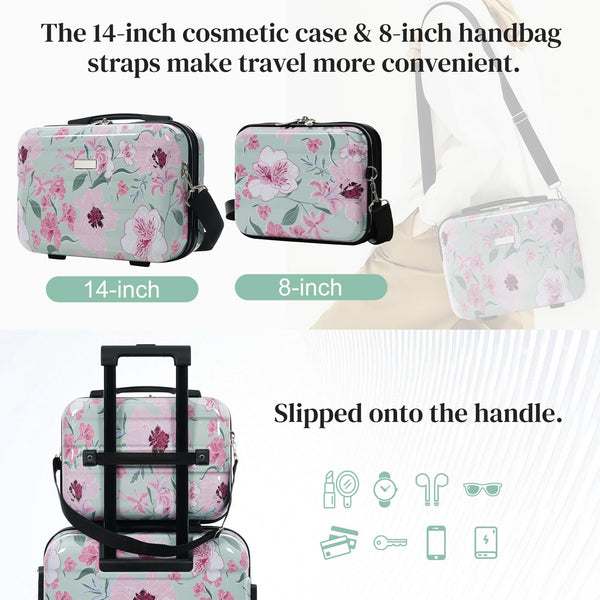 English Elm 6 Piece Hardshell Abs Travel Set with Spinner Wheels Combination Lock and Toiletry Bag Green & Pink Flower N732P391160F
