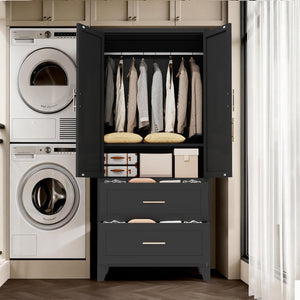 English Elm 71" Steel Wardrobe with Hanging Rod Two Drawers and Shelf for Compact Bedroom W3387P411306