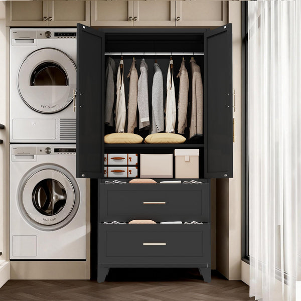 English Elm 71" Steel Wardrobe with Hanging Rod Two Drawers and Shelf for Compact Bedroom W3387P411306