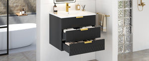 English Elm 24inch Bathroom Vanity with Ceramic Basin Sink, Wall-Mounted Double Drawer Cabinet for Small Baths Black N710P324097B
