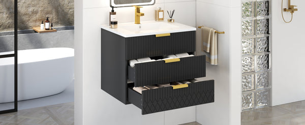 English Elm 24inch Bathroom Vanity with Ceramic Basin Sink, Wall-Mounted Double Drawer Cabinet for Small Baths Black N710P324097B