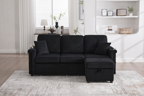 English Elm UNITED Corduroy L-Shaped Sectional Sofa with Storage Ottoman, USB Ports, Cup Holders & LED Lighting Black W1568P332409