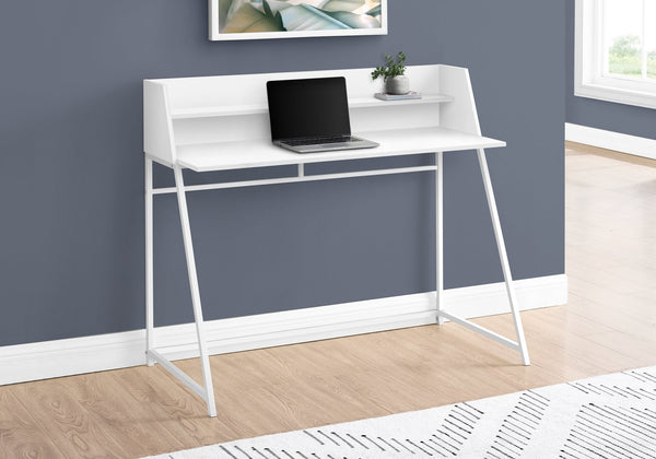English Elm Computer Desk For Home Office - Modern White Laminate Design With Open Storage Shelves & Metal Frame B2710P219831