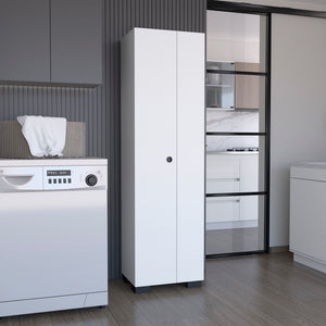 English Elm Broom Slim Double-Door Cabinet with Shelves & 3 Side Hangers, White Engineered Wood Storage B097S00188