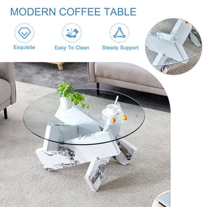 English Elm Round glass coffee table with 33.4" tempered top, white patterned MDF legs, sturdy 130lb capacity modern centerpiece W1512P395025