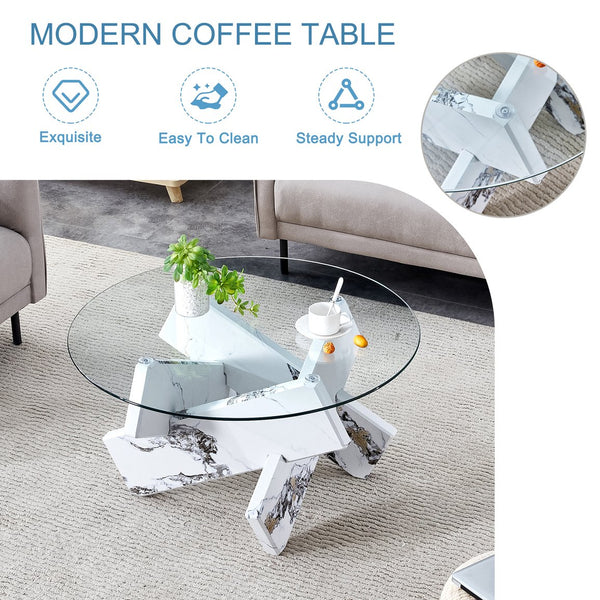 English Elm Round glass coffee table with 33.4" tempered top, white patterned MDF legs, sturdy 130lb capacity modern centerpiece W1512P395025
