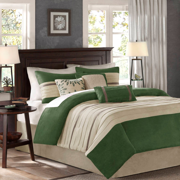 JLA Home Madison Park - 7 Madison Park Palmer Faux Suede Comforter Ensemble in Green & Beige — Plush Pieced Stitching, Machine Washable, Layered Look 92 L x 104 W x 1.5H MP10-7489