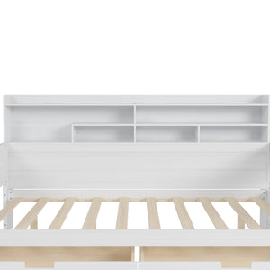 English Elm Wooden Full Size Daybed with Built-In Desk, Side Shelves and Dual Drawers for Organized Living Antique White 70 L x 18.6 W x 5.5 H N733S241486K