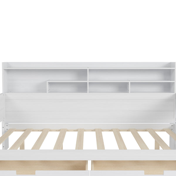 English Elm Wooden Full Size Daybed with Built-In Desk, Side Shelves and Dual Drawers for Organized Living Antique White 70 L x 18.6 W x 5.5 H N733S241486K