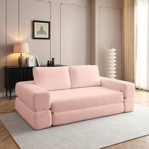 English Elm 81'' Corduroy Floor Sofa Convertible Loveseat Futon Sleeper with Foam Fill and Pillows Light Pink W1117P459735