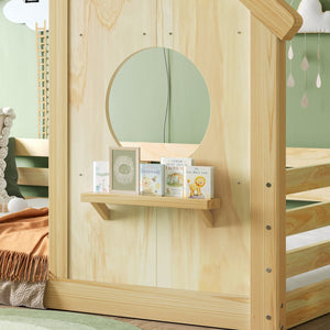 English Elm Twin House Bed Low Profile Pine Wood Frame with Shelf Montessori Kids Floor Sleeping Natural W5305P429643