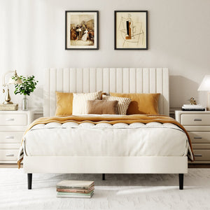 English Elm Queen Velvet Tufted Platform Bed Adjustable Headboard Steel Frame No Box Spring Beige W5239P502685