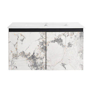 English Elm 30'' Modern Floating Wall-Mounted Bathroom Vanity With Ceramic Sink & Soft-Close Doors For Small Spaces W999S00212