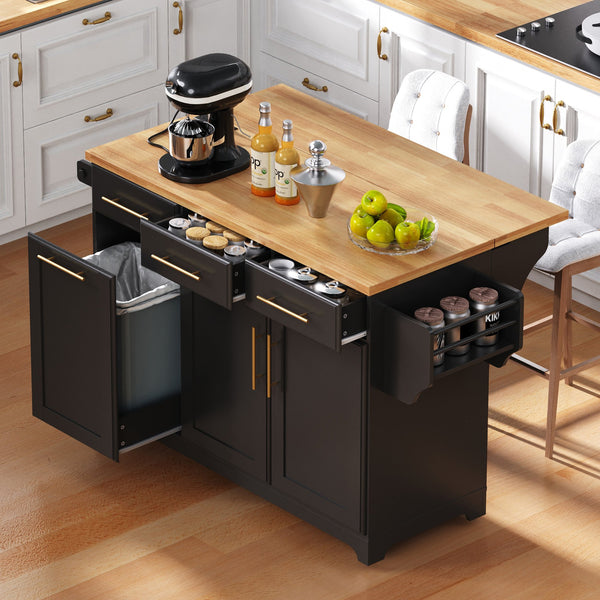 English Elm K&K Vintage Kitchen Island with Rubberwood Top, Hidden Wheels, Pull-Out Trash & Charging Station Black N707P299014B