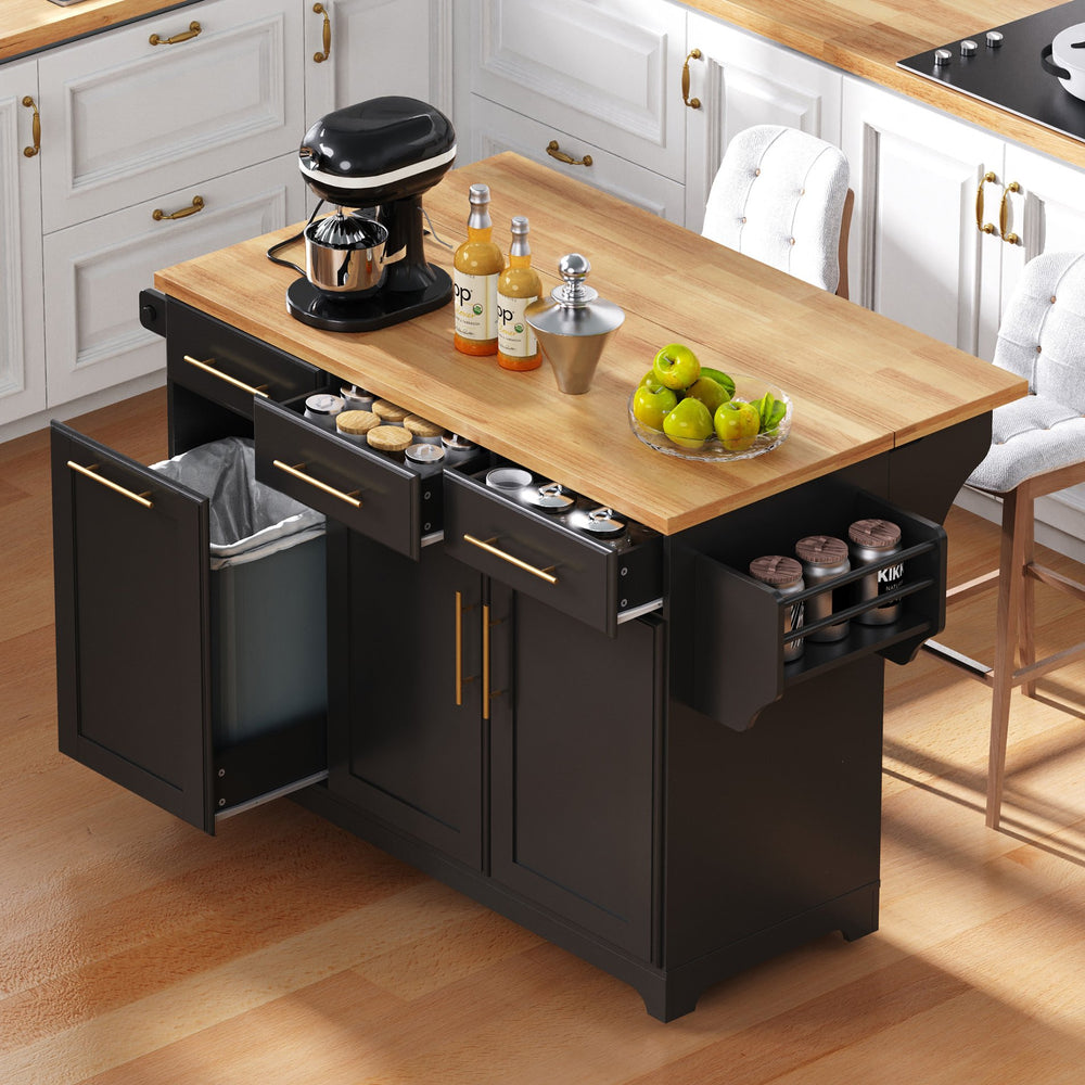 English Elm K&k Rolling Kitchen Island Rubber Wood Top Brass Hardware Built-in Outlets Storage Black N707S299014B