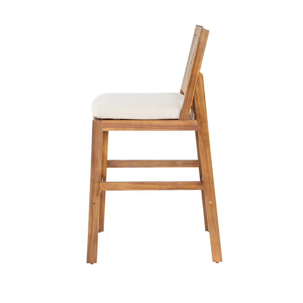English Elm 4 Piece Outdoor Acacia Wood Wicker Bar Stools Set with Cushioned Patio Seating Cream,Light Brown,Teak N773OB00133B