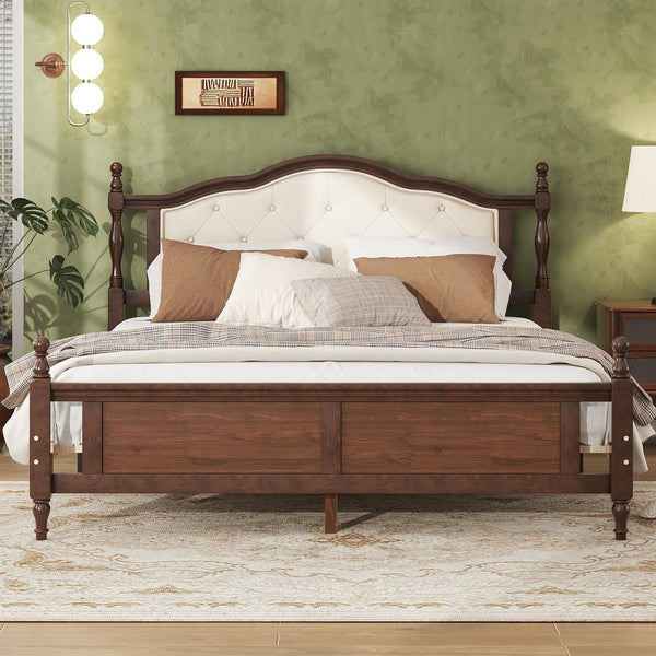 English Elm Queen Pine Upholstered Headboard Bed in Walnut — Modern Minimalist Queen Platform with Dual Support Feet, Space-Saving Design W504P268435