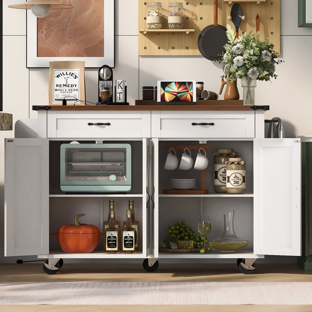 English Elm K&k Farmhouse Rolling Kitchen Island with Drop Leaf Power Outlets and Storage Cabinet White N707S170348W