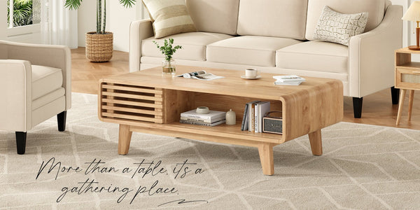 English Elm Coffee Table with Four Open Compartments Solid Wood Legs Mid Century Farmhouse Style Natural T3623P431252