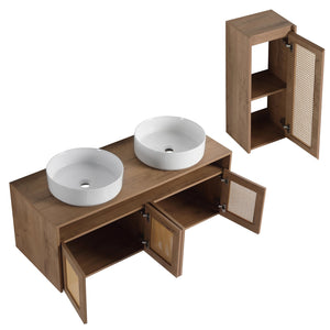 English Elm 48" Floating Bathroom Vanity Oak Finish Dual Ceramic Sinks Four Soft Close Doors W999S00498