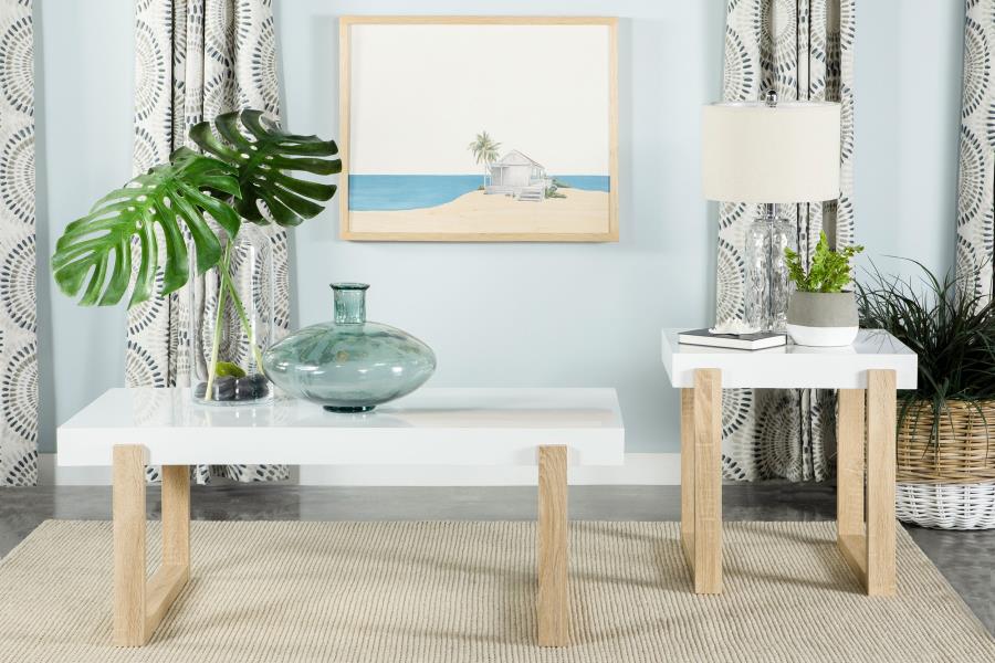 English Elm Fletcher Gloss White Lacquer Coffee and End Table Set for Modern Living Rooms B062S01624