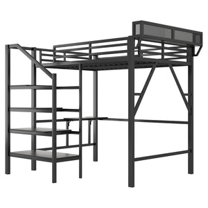 English Elm Full Size Metal Loft Bed with Foldable Desk Staircase Storage and Led Lighting W2580S00072