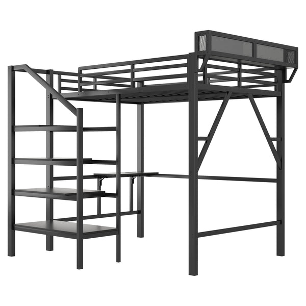 English Elm Full Size Metal Loft Bed with Foldable Desk Staircase Storage and Led Lighting W2580S00072