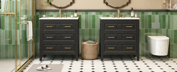 English Elm 60'' Elegant Black Bathroom Vanity Set With Ceramic Sink, 6 Drawers, Solid Wood Frame & Storage N710SS00003B