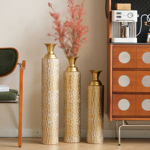 English Elm Metal Decorative Vases Set Of 3 - Antique Gold Finish With Etched Vine Patterns For Elegant Décor W2796P192834